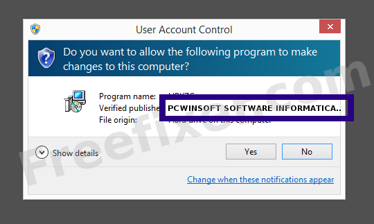 Screenshot where PCWINSOFT SOFTWARE INFORMATICA LTDA - ME appears as the verified publisher in the UAC dialog